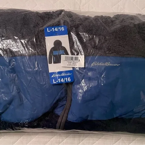 NEW! NWT EDDIE BAUER Youth Blue Gray Color-block Plush Fleece Zip Jacket - Picture 7 of 14